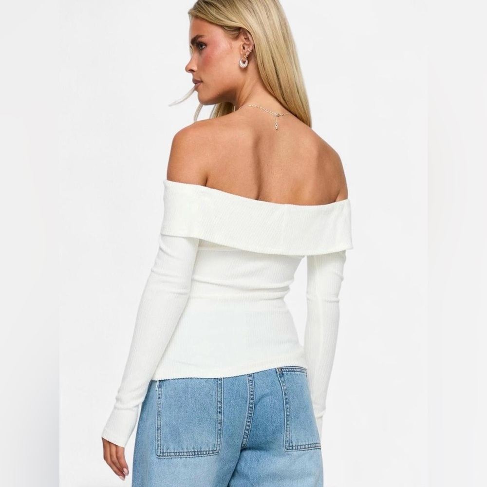 Princess Polly Off-the-Shoulder White Ribbed Button-Up Sweater Women’s XS / 2 - Picture 3 of 8